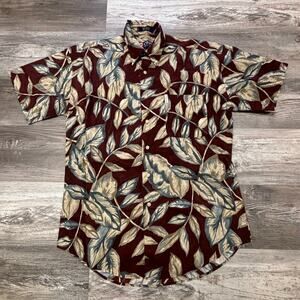 Vintage 90s Chaps Ralph Lauren Leaves AOP Brick Red‎ Men M Hawaiian Button Up